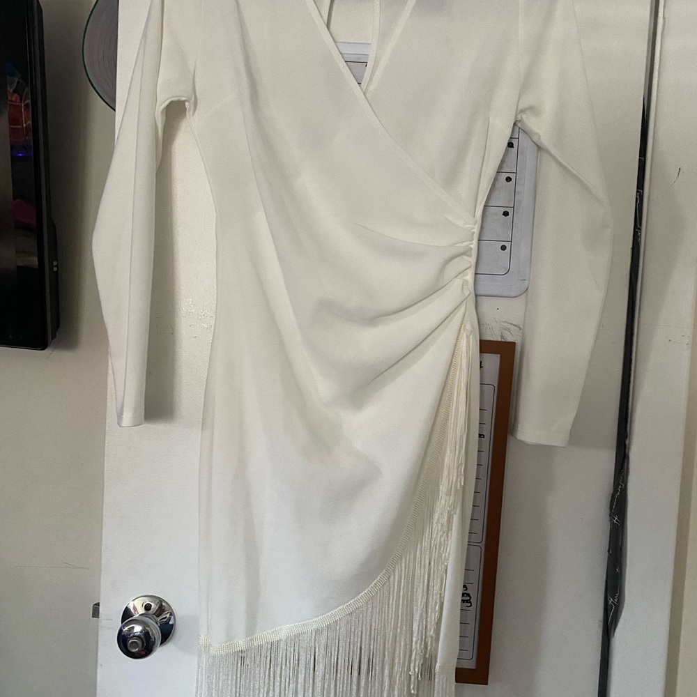 Boohoo White Long Sleeve Fringe Dress